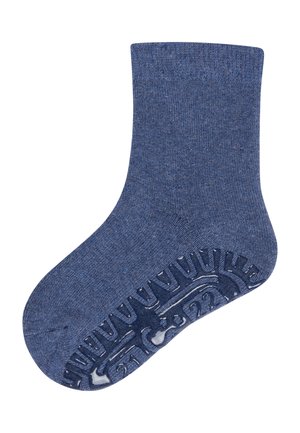 Blaue Stricksocke mit verstärktem Bündchen und gummiertem Grip-Muster auf der Sohle, versehen mit einer strukturierten Oberfläche für zusätzlichen Halt.