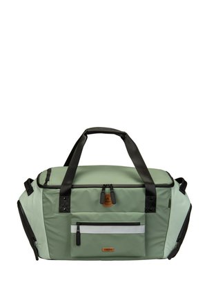 Green and light green duffel bag with black handles, front zip pocket with white strip, side zip compartments, and leather logo patch.