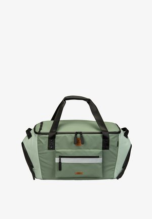 Green and light green duffel bag with black handles, front zip pocket with white strip, side zip compartments, and leather logo patch.