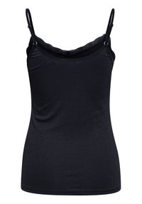 Top nero senza maniche realizzato in tessuto a coste, con scollatura rifinita in pizzo e spalline regolabili. Design aderente nel complesso.