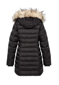 Schwarze Steppjacke mit einem kapuzenbesatz aus Fell, verfügt über ein gesteppte Design und gerippte Bündchen. Die Rückseite ist glatt mit horizontalen Nähten.