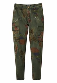 Kamouflage cargobyxor i mörkgrön med färgglada blommönster och leopardmönster. Har sidofickor med dragkedja och en avsmalnande bendesign.