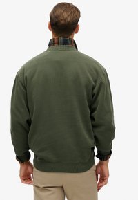 Groene sweatshirt met een geruite kraag en manchetten. Heeft een relaxte pasvorm, ribbelrand en duurzaam materiaal. De achterkant toont de kraagdetails duidelijk.