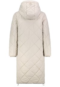 Long manteau d'hiver matelassé beige avec capuche, manches longues et motif de couture en losange, vu de dos.
