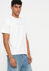 Valkoinen lyhythihainen t-paita, joka on valmistettu puuvillasta. Rintakehällä on värikäs "Calvin Klein" -logo keskitettynä. Rentoa mallia. Vapaa-ajan tyyli.