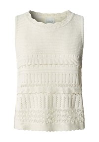 Witte mouwloze gebreide top met diverse textuurpatronen en geschulpte randen, voorzien van een geribbelde ronde halslijn.