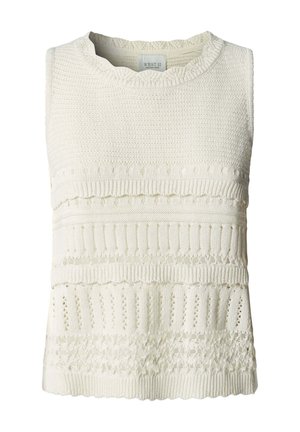 Witte mouwloze gebreide top met diverse textuurpatronen en geschulpte randen, voorzien van een geribbelde ronde halslijn.
