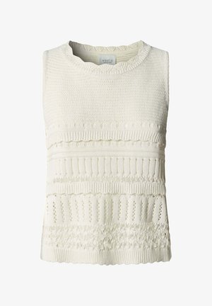 Witte mouwloze gebreide top met diverse textuurpatronen en geschulpte randen, voorzien van een geribbelde ronde halslijn.