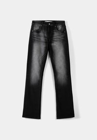 Svarta denimjeans med rak bendesign, blekt utseende, fem fickor och detaljer i brons vid midjan och fickorna.