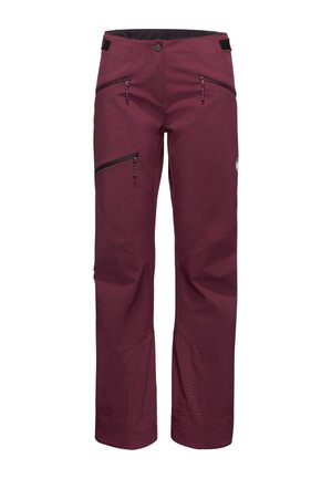 Dames bordeaux softshellbroek met drie ritszakken, verstevigde knie- en enkelstukken en verstelbare taillebanden.