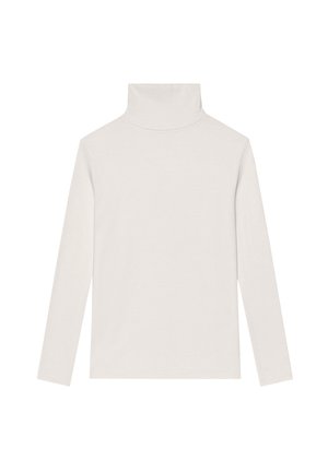 Suéter de cuello alto color beige claro, hecho de una tela suave, con mangas largas y un diseño ajustado, de textura lisa y sin patrones visibles.
