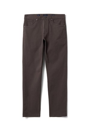 Pantalon droit marron foncé avec cinq poches et fermeture devant par boutons, présenté à plat sur fond blanc.