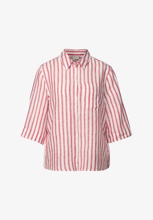 Lniana koszula z kołnierzykiem, krótkimi rękawami, czerwono-białe pionowe paski, kieszonka z przodu oraz zapięcie na guziki.