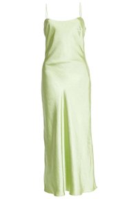 Abito maxi in satin verde lime con sottili spalline, scollatura dritta e una texture liscia che scivola delicatamente fino al pavimento.