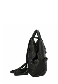 Schwarzer Leder-Rucksack mit zwei Griffen, seitlicher Reißverschlusstasche und verstellbaren Schulterriemen, von der Seite betrachtet.