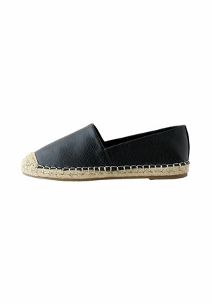 Black leather espadrille slip-on shoe with braided jute sole and contrasting stitching on white background, viewed from the side.