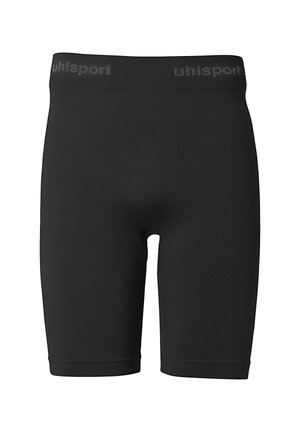 Shorts de sport noirs en tissu extensible, avec un motif texturé sur les côtés et une taille ornée d'un logo. Finition lisse, coupe ajustée.