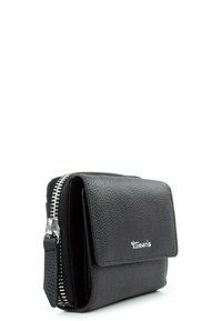 Black textured leather wallet with a flap closure and silver zip accent. Features a branded logo on the front and a compact design.