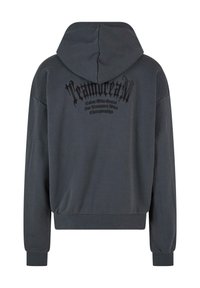 Grijze hoodie met een relaxte pasvorm, geribde manchetten en een groot zwart grafisch tekstontwerp op de achterzijde. Glad, zacht stoffen textuur.