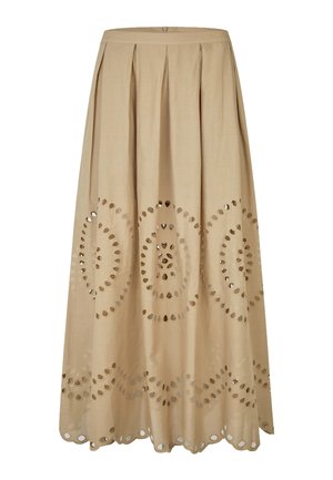 Beżowa spódnica o linii A z dekoracyjnymi okrągłymi wycięciami i falowanym dołem, plisowana w talii.