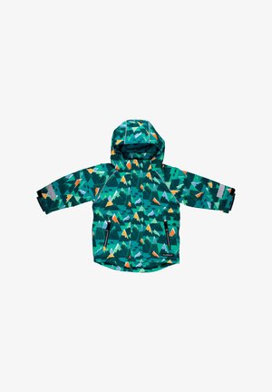 Chaqueta verde para niños con capucha, con un patrón multicolor de montañas, bolsillos con cremallera y detalles reflectantes en las mangas.