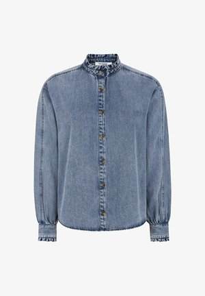 Chemise en jean bleu clair avec un col montant à volants, une fermeture boutonnée, des manches longues avec poignets élastiques et une coupe décontractée.