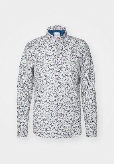 Cămașă cu mânecă lungă și nasturi, din bumbac alb, având un model floral multicolor, cu guler butonat și detalii interioare de guler în nuanțe de albastru contrastant.