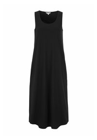 Svart, ärmlös klänning i mjukt tyg. Har en rundad halsringning och en lös, A-linjeformad silhuett. Inga synliga mönster eller detaljer.