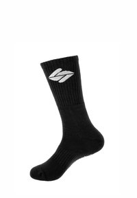 Schwarze Baumwollsocke mit geripptem Design, kontrastierendem weißen Logo und einer Crew-Länge, die sich für die Freizeit eignet. Glatte Textur.