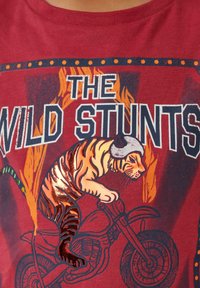 Tiger, der einen Helm trägt, fährt auf einem Motorrad mit Flammen im Hintergrund und dem Text "DIE WILDEN STUNTS" auf einem roten T-Shirt.