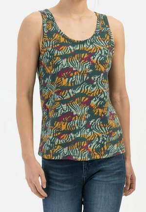 Wielokolorowy top na ram straps z abstrakcyjnym wzorem w odcieniach zieleni, pomarańczu, różu i niebieskiego. Wykonany z miękkiego, lekkiego materiału z okrągłym dekoltem.