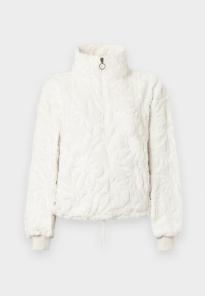 Witte, pluche pulloverjas met een hoge kraag, een ritssluiting aan de voorkant, geribbelde manchetten en een textuur met een bloemmotief in de stof.