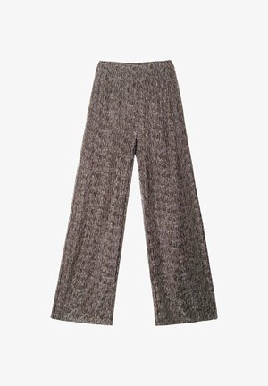 Pantalones de pierna ancha con cintura alta, que presentan un patrón de tejido gris y blanco texturizado y una cintura elástica.