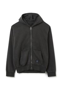 Felpa con zip di un grigio scuro, in misto cotone, dotata di un ampio cappuccio, tasche frontali, polsini elasticizzati e una piccola etichetta con il marchio sulla tasca.