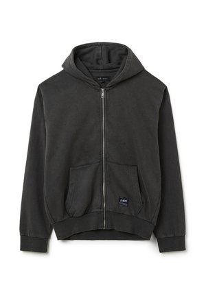 Dunkelgrauer Reißverschluss-Hoodie aus Baumwollmischung, mit geräumiger Kapuze, Fronttaschen, elastischen Bündchen und einem kleinen Markenetikett auf der Tasche.