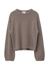 Brauner, kurzer Pullover aus weichem Material, mit rundem Halsausschnitt, langen Ärmeln sowie gerippten Bündchen und Saum. Glatte Textur, ohne Muster.