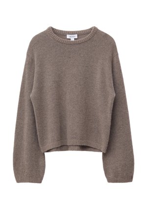 Brauner, kurzer Pullover aus weichem Material, mit rundem Halsausschnitt, langen Ärmeln sowie gerippten Bündchen und Saum. Glatte Textur, ohne Muster.