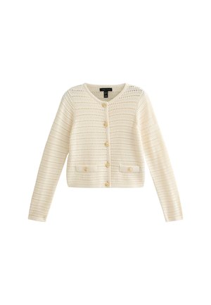 Gebreide cardigan in ivoorkleur met een textuurpatroon, ronde hals en vijf knopen. Heeft twee voorzakken met klepdetail.
