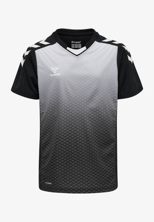 Sort og grå sportsjersey med V-hals, der har et gradientmønster og chevron-detaljer på skuldrene. Stoffet er let og åndbart.