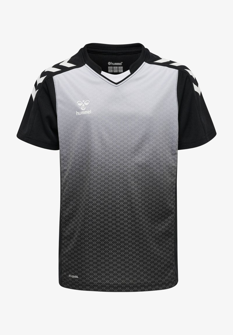 Sort og grå sportsjersey med V-hals, der har et gradientmønster og chevron-detaljer på skuldrene. Stoffet er let og åndbart.