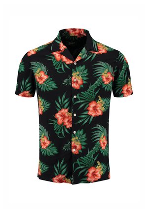 Chemise noire à manches courtes à boutons avec un motif de fleurs d'hibiscus rouge vif et de feuilles tropicales vertes.