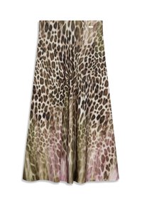 Une jupe évasée arborant un motif léopard dans des nuances de marron, noir et rose doux, avec une texture lisse et une taille froncée.