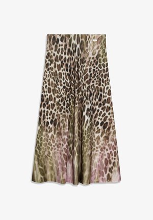 Une jupe évasée arborant un motif léopard dans des nuances de marron, noir et rose doux, avec une texture lisse et une taille froncée.