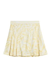 Mini-jupe plissée jaune clair à motif ondulé. Le tissu semble lisse, avec une ceinture élastique blanche et un branding minimal.