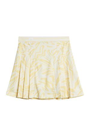 Plisowana mini spódnica w jasnym żółtym kolorze z falistym wzorem. Tkanina wydaje się gładka, z białym elastycznym paskiem w talii z minimalnym oznaczeniem marki.