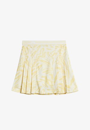 Plisowana mini spódnica w jasnym żółtym kolorze z falistym wzorem. Tkanina wydaje się gładka, z białym elastycznym paskiem w talii z minimalnym oznaczeniem marki.