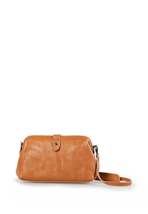 Tan leather crossbody bag with a rounded shape, flap closure, and adjustable strap. Features subtle texture and minimal hardware.
