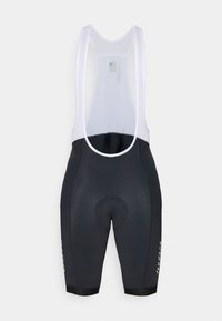 Bib shorts de cyclisme noirs avec des bretelles en mesh blanches, zone de siège rembourrée et un logo sur la jambe. Matériau lisse avec une coupe ajustée.