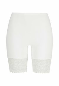 Witte shapewear-short met kantafwerking aan de dijen, met een gladde stofstructuur en een aansluitend ontwerp voor een gestroomlijnde dekking.
