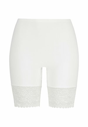 Weiße Shapewear-Shorts mit Spitzenbesatz an den Oberschenkeln, mit glatter Stofftextur und engem Design für eine nahtlose Abdeckung.